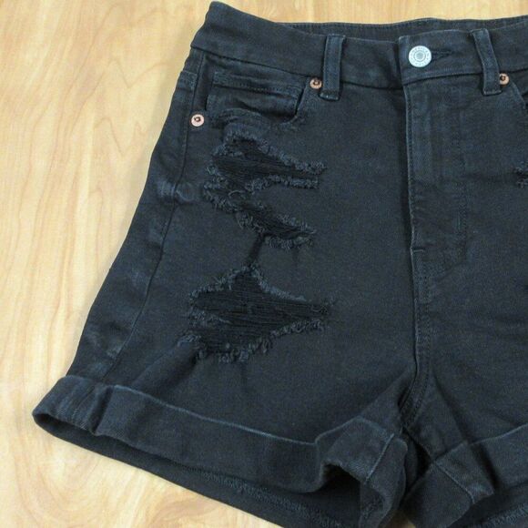 AMERICAN EAGLE Curvy Mom Short Womens Size 0 Cuffed Hem Black Ripped Denim Jeans - Picture 2 of 15